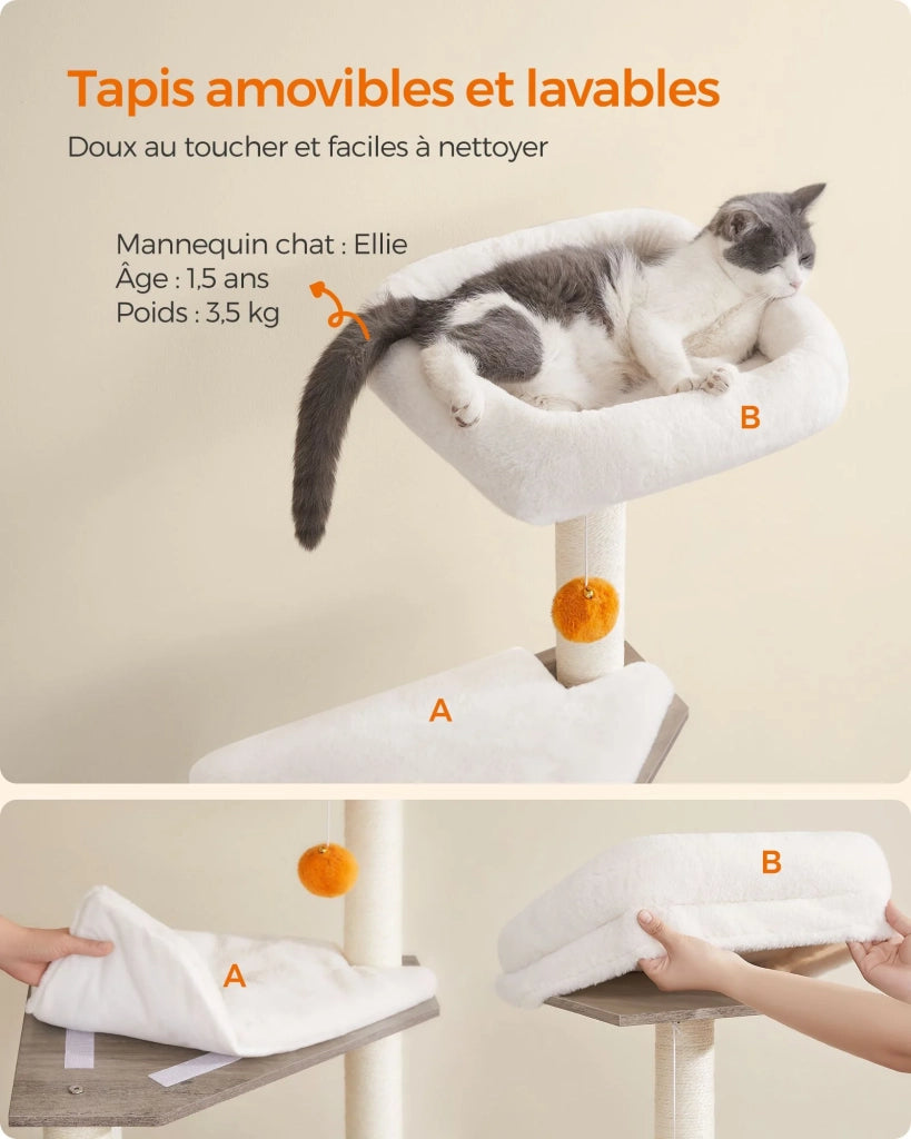 Tiragraffi con lettiera moderna torre gioco 2 in 1 cuccia per gatti da 134 cm con lettiera tiragraffi trespolo tappetino lavabile grigio 12_0003812