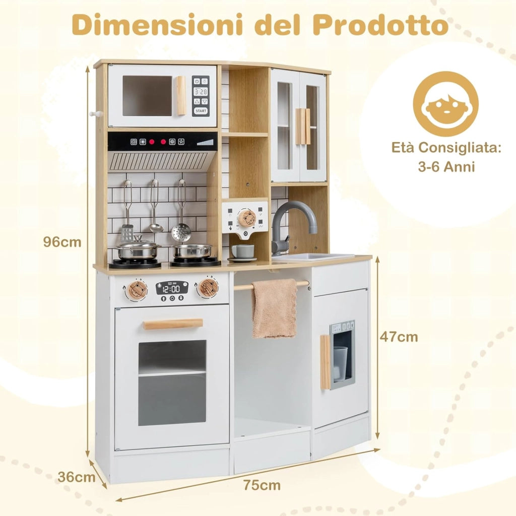 Cucina Giocattolo per Bambini, Cucinetta in Legno con Suoni e Luci, Fornello, Lavandino, Macchina del Caffè, Gioco Cucina di Ruolo per Bambini 3+ Anni (Naturale)