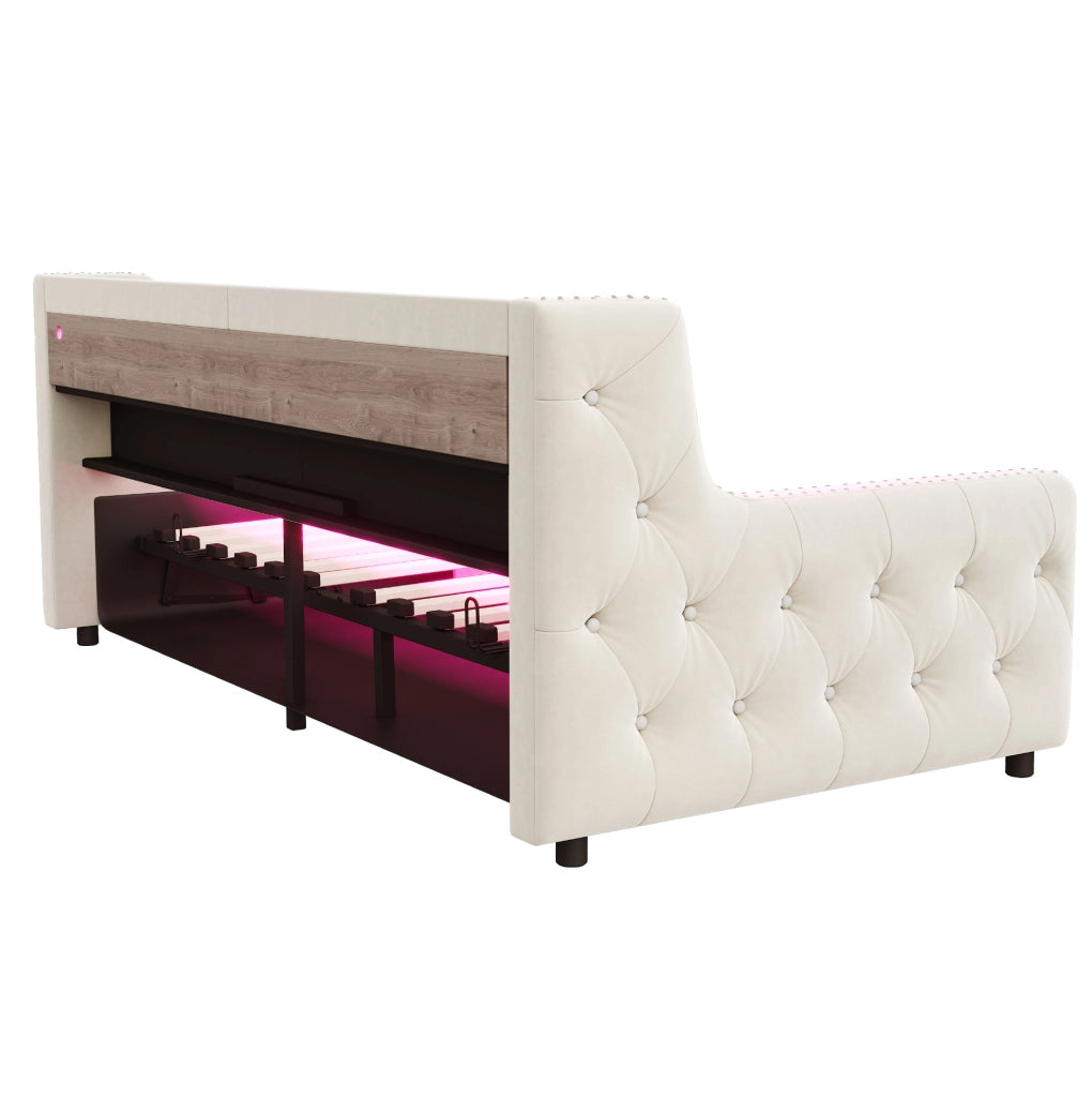 Divano letto 90x200 cm in velluto beige con contenitore; LED; presa e porta USB/Type-C
