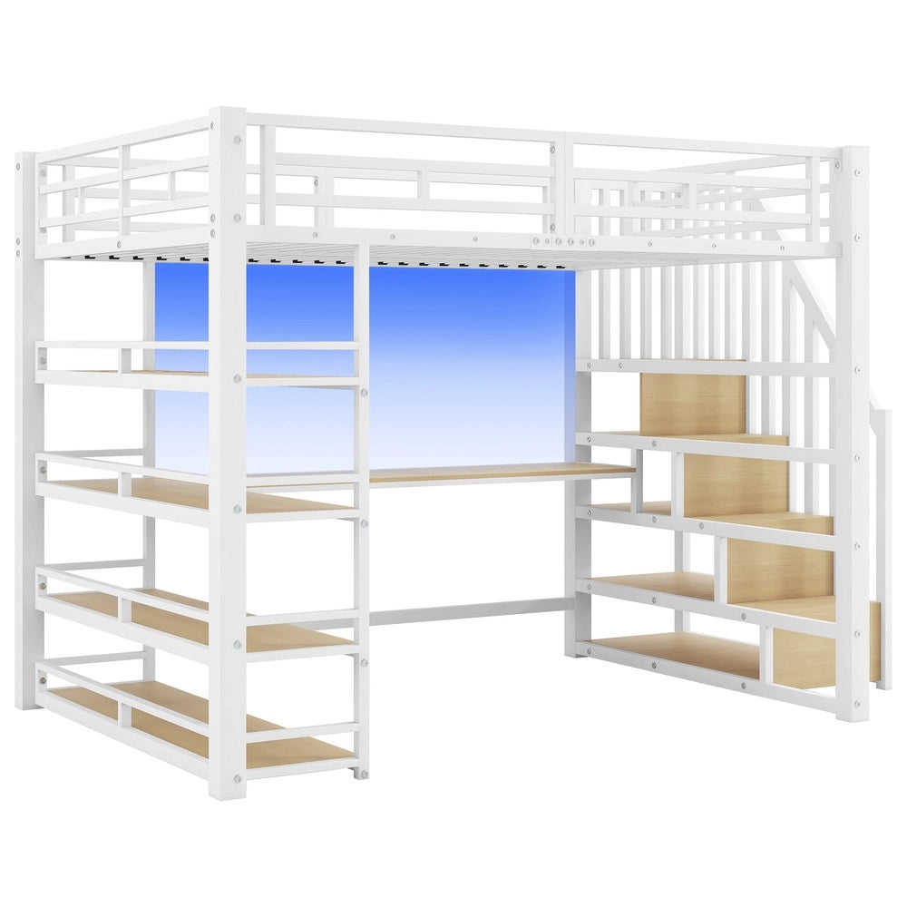 Letto a Soppalco con Scrivania, Cassetti, LED e USB ¨C MINIMAL ¨C Metallo Bianco 140x200