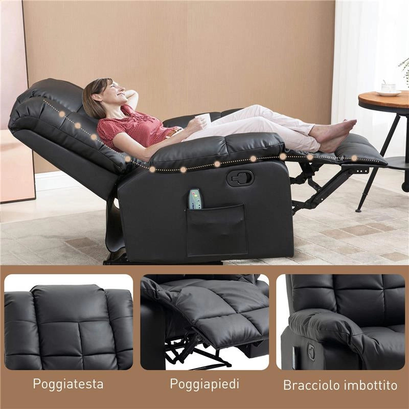 POLTRONA RELAX CON 8 PUNTI MASSAGGIO E RECLINAZIONE A 165° IN FINTA PELLE, NERO
