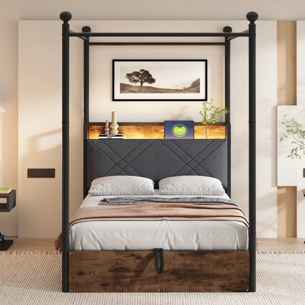 DESMIU Letto singolo 90 × 190 cm 1 posto con vano contenitore, LED, USB e Type-C, senza materasso, nero