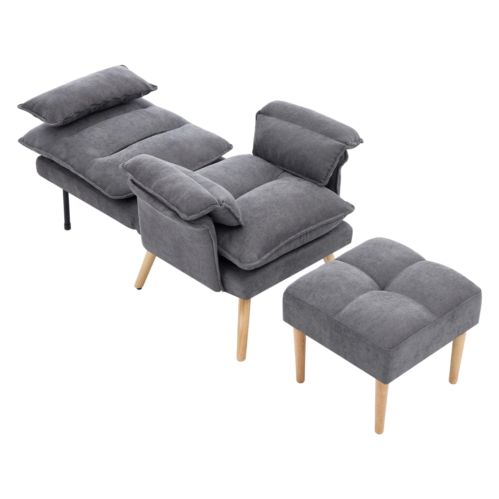 Poltrona Relax con Pouf, schienale regolabile 5 posizioni, tessuto effetto lino grigio