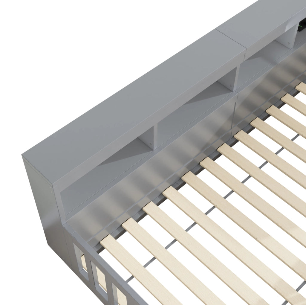 Divano letto 90x200 cm con presa USB e vano portaoggetti in truciolare e MDF grigio