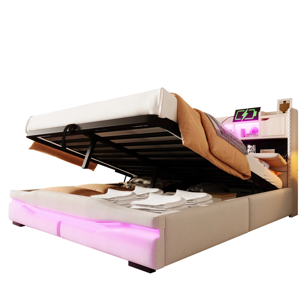 Letto imbottito beige 160x200 con contenitore idraulico e luci LED