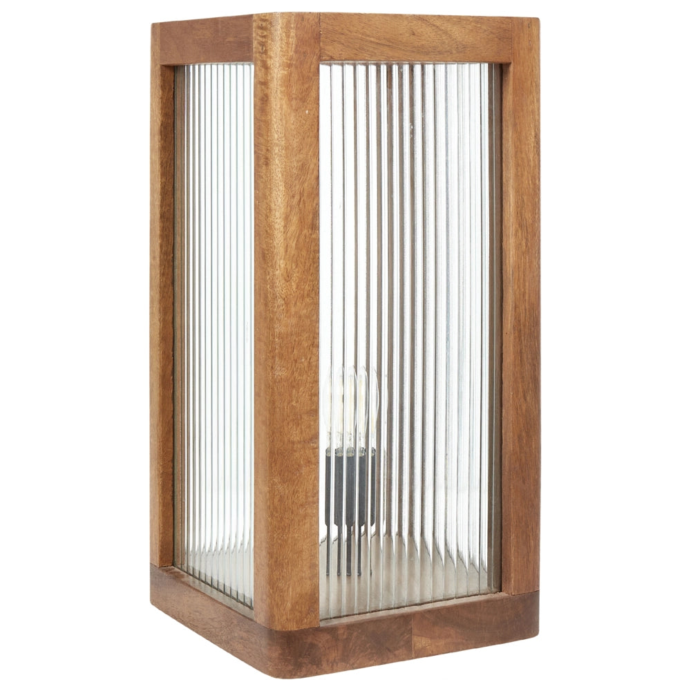 Lampada da tavolo in legno di mango con pannelli di vetro Design industriale Illuminazione moderna per la casa