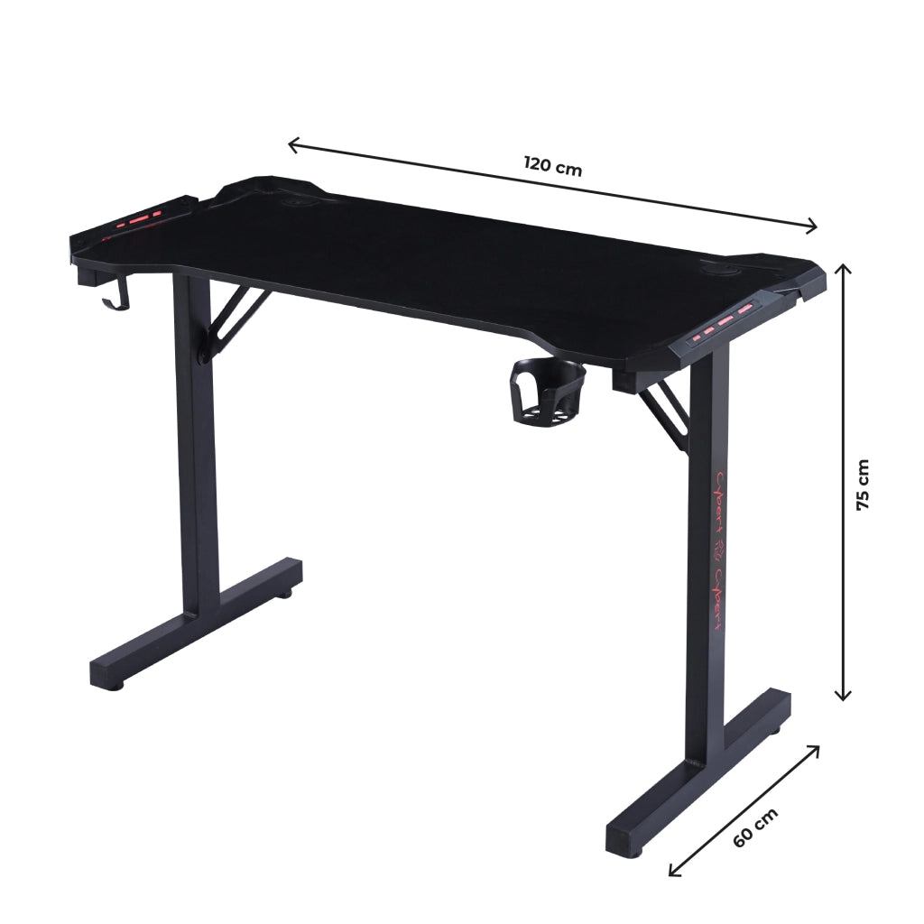 Scrivania Gaming con Luci RGB 120x60 cm, Tavolo Gamer con Porta Bicchiere e Gancio Cuffie, Desk PC Design Ergonomico Nero, Postazione Gaming e Studio