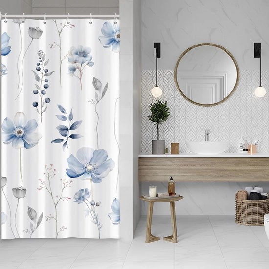 Douchegordijn Acquario 90 x 180 cm - Fiori Blu-Grigi con Foglie per Bagno - Inclusi 6 Ganci