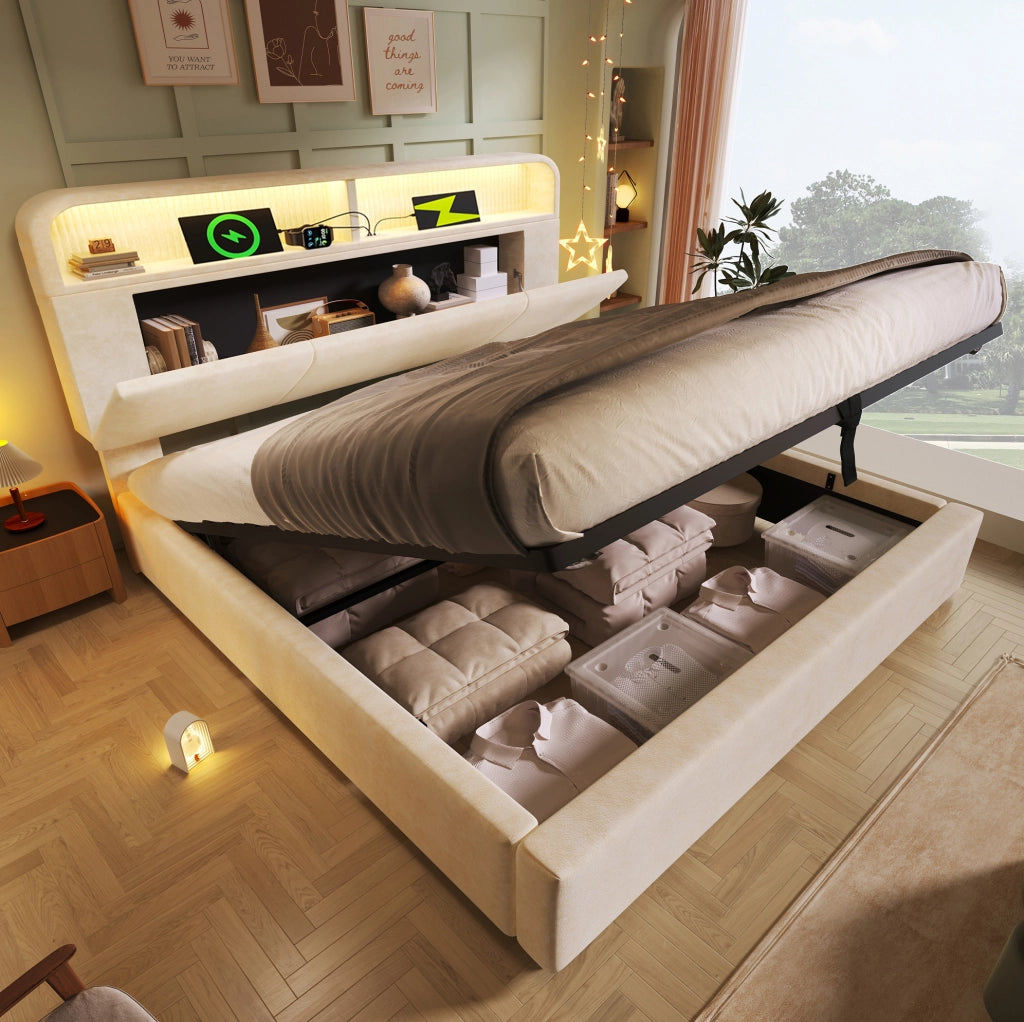 Letto matrimoniale 160x200 cm in velluto beige con testiera regolabile; LED; USB e contenitore