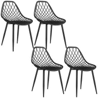 Set 4 Sedie da Pranzo Moderne con Schienale Traforato in Plastica e Gambe in Metallo, Nero