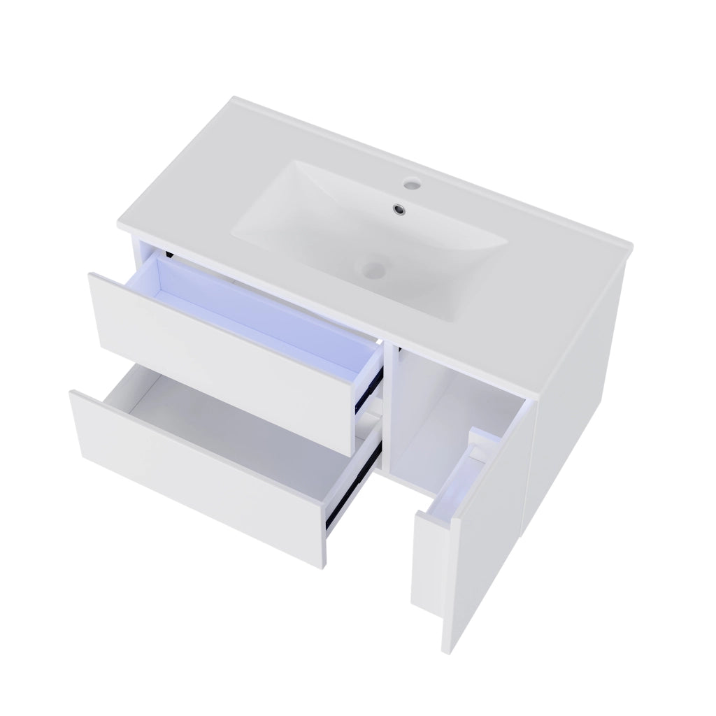Mobile bagno sospeso con lavabo in ceramica, 91,5 ¡Á 46,5 ¡Á 50,5 cm, bianco, con 2 cassetti e luce LED con sensore radar