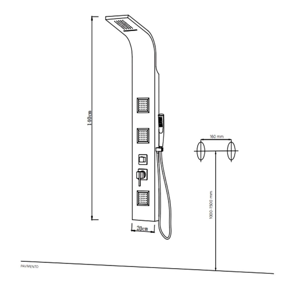 Colonna doccia night nero opaco 3 getti idro lombari e cascata h140xl20 *** confezione 1