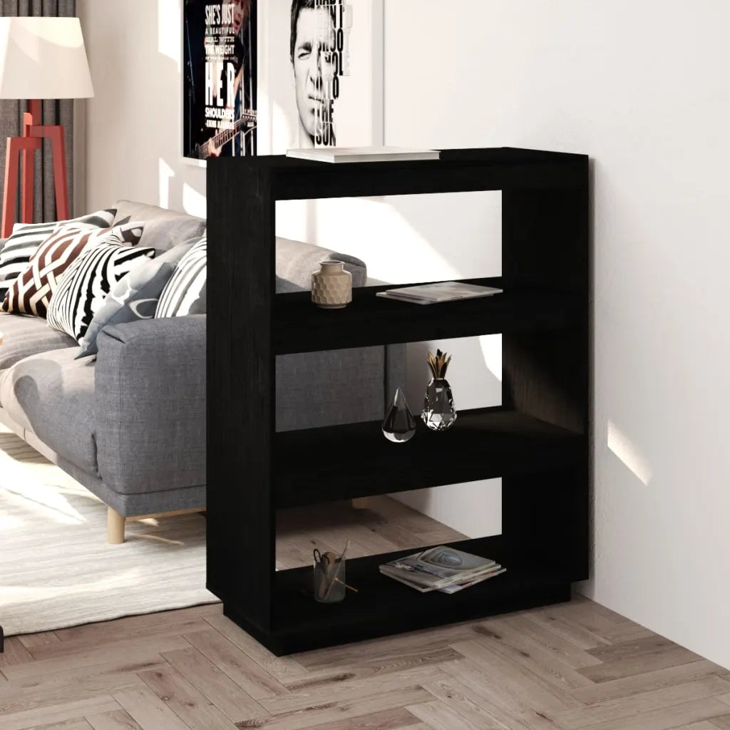 Libreria Divisorio-Scaffale per Libri-Mobile di Stoccaggio Nero 80x35x103 cm in Legno Massello di Pino
