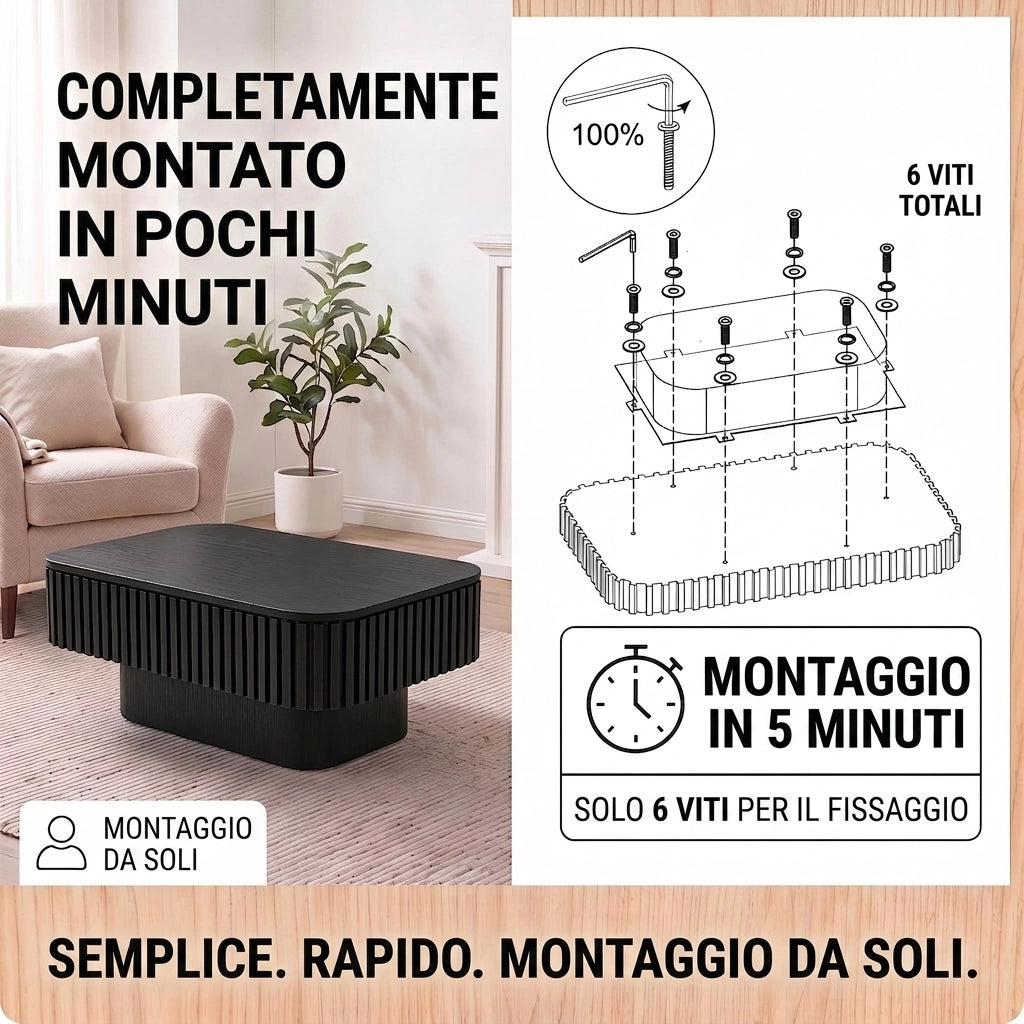 Tavolino da salotto 98 cm; coffee table with hidden storage e coperchio rimovibile; MDF e legno; nero