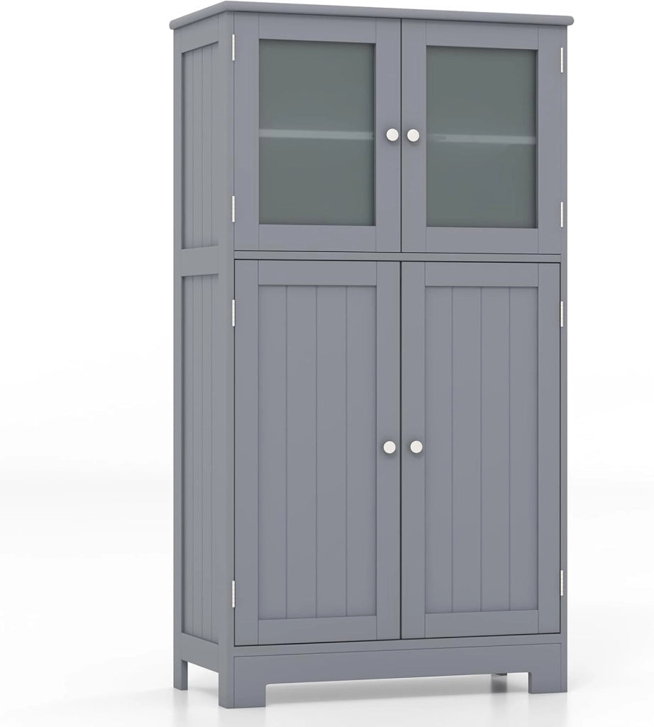 Armadietto del Bagno con 4 Ante, Armadietto con Ante di Vetro, Credenza di Legno con Mensole Regolabili, Organizer Multiuso per Casa Corridoio Salone Ufficio (Grigio)