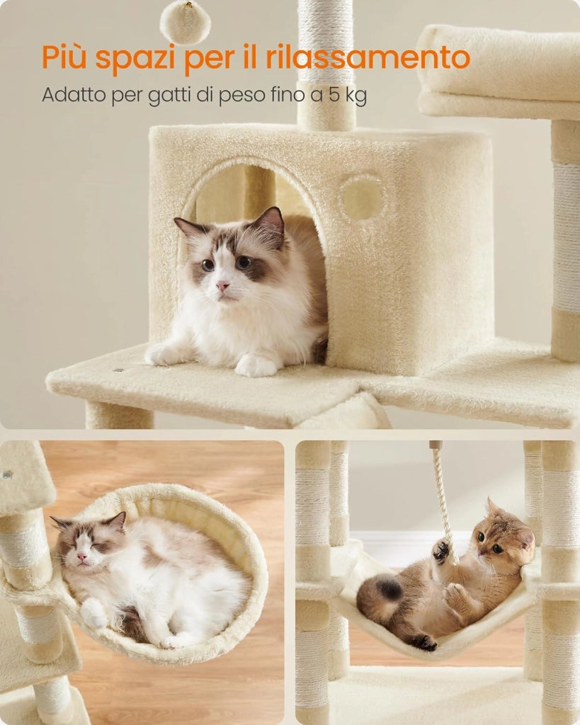 Feandrea Albero per Gatti, Alto 168 cm, Tiragraffi per Gatti con 13 Graffiatoi, 2 Posatoi, 2 Grotte, Cesto, Amaca, Pompon, in Peluche a Più Livelli per Interno, Beige PCT165M01V1