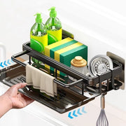 Organizzatore per la parete - Lavello estensibile - Portaasciugamani e ganci - Cucina e bagno - Nero con cesta in acciaio inox
