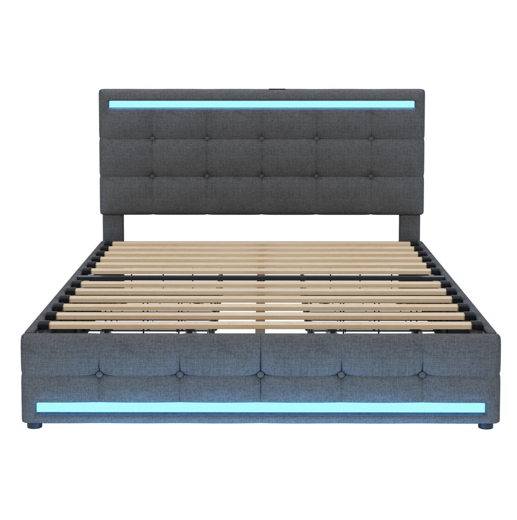 Letto imbottito 140x200 cm con LED e USB; con 4 cassetti; grigio