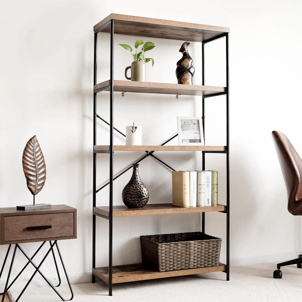 Libreria a 5 Piani, Scaffale Industriale in Legno con Struttura in Metallo, Aste di Sostegno a X Dispositivo Antiribaltamento, per Soggiorno Ufficio, 79x35x160 cm (Marrone)