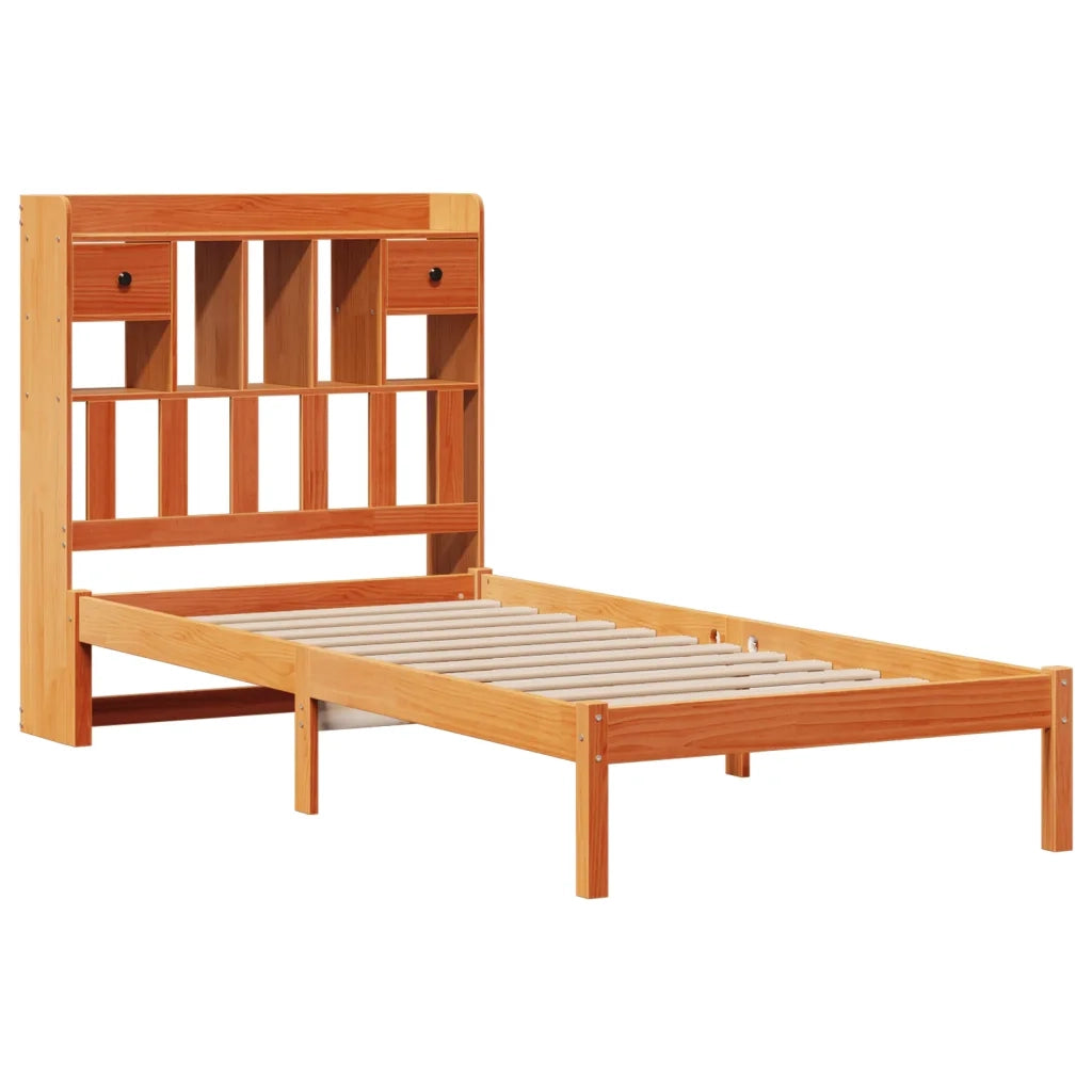 Letto Libreria senza Materasso-Struttura Letto con contenitore Marrone Cera 100x200 cm in Pino 337716