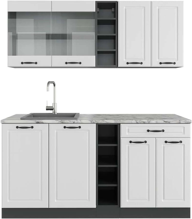 Cucina completa R-Line, Bianco casa di campagna/antracite, 160 cm, PL Marmo, adatto per l'espansione individuale con moduli aggiuntivi