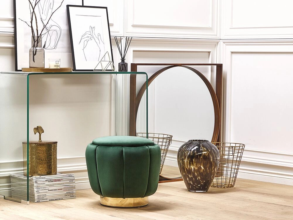 Pouf Velluto Verde Rivestimento Base Dorata ø 43 x 37 cm Poggiapiedi Glamdoratous