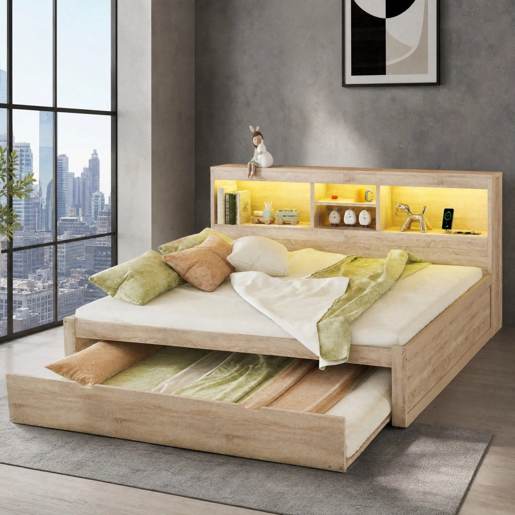 LETTO Estraibile 140x200 cm Naturale in pannello di legno con LED, prese USB