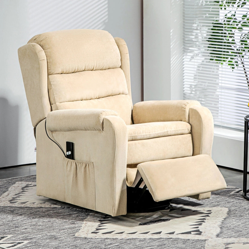 Poltrona Alzapersona Reclinabile Elettrica con Poggiapiedi e Telecomando ¨C Xylo ¨C Velluto Crema 85x88x109 cm