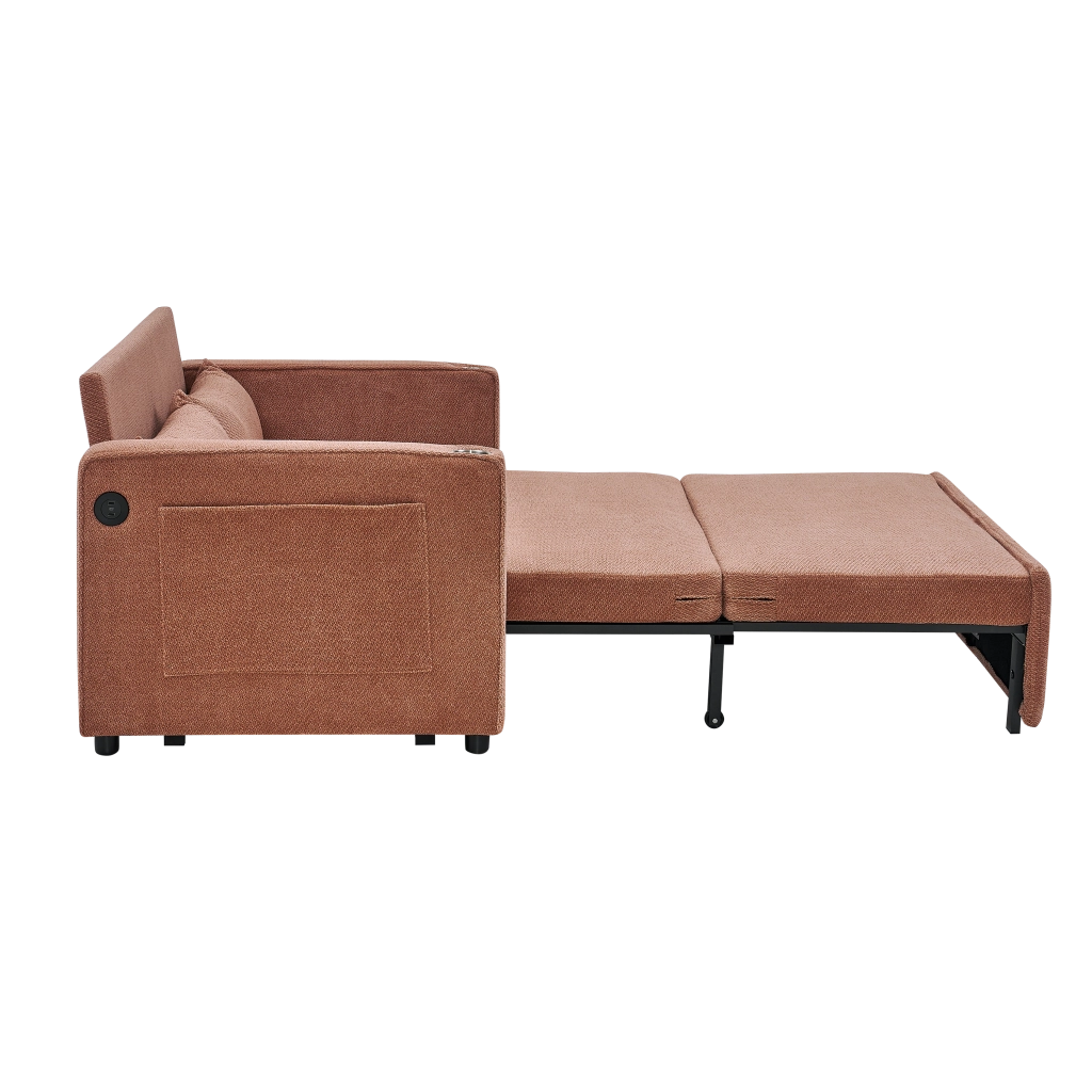 Divano letto 3 in 1 con sistema scorrevole e porte USB per soggiorno ufficio e ospiti in legno e tessuto arancione