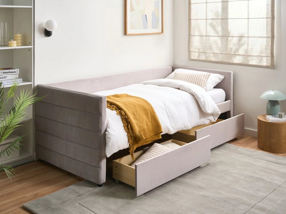 Letto con contenitore con cassetti in velluto grigio chiaro 90 x 200 cm stanzetta design elegante