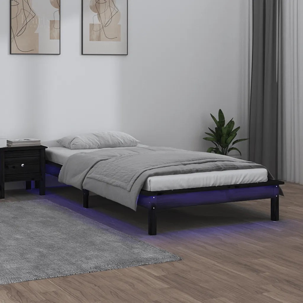 Letto singolo | Letto per adulti | Giroletto LED Nero 75x190cm Small Single in Legno Massello