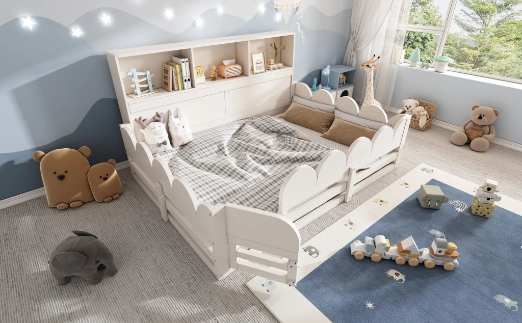 Letto a pavimento per bambini 140x200 cm bianco in legno, con sponde di sicurezza, porticina e ripiani