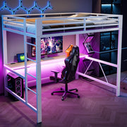 Letto a soppalco 140 × 200 cm con scrivania, LED e USB, senza materasso, metallo e MDF, bianco