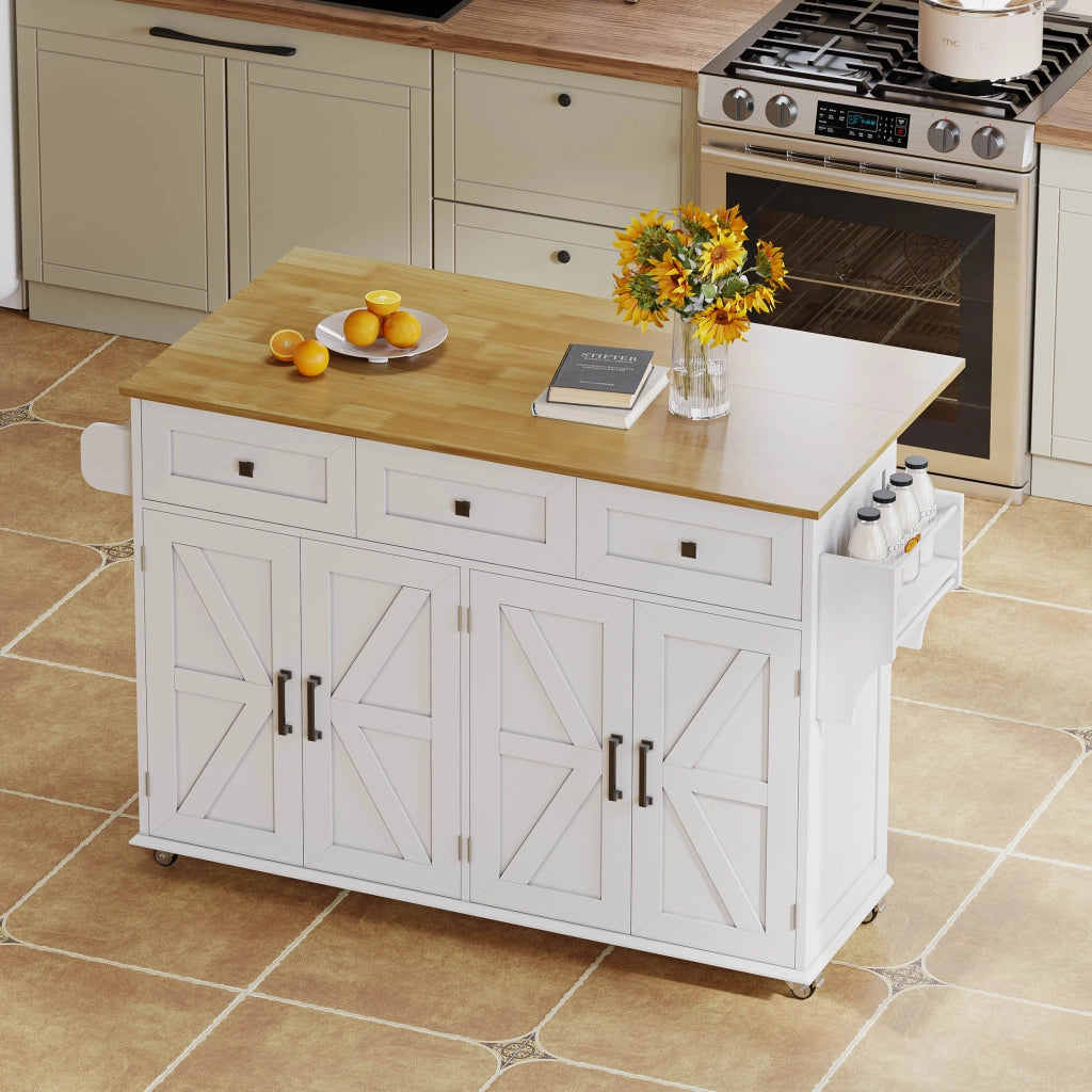 Isola da Cucina Mobile 140x43/70x90;5 cm Bianca con Piano Ribaltabile; 3 Cassetti; 4 Ante e 5 Ruote