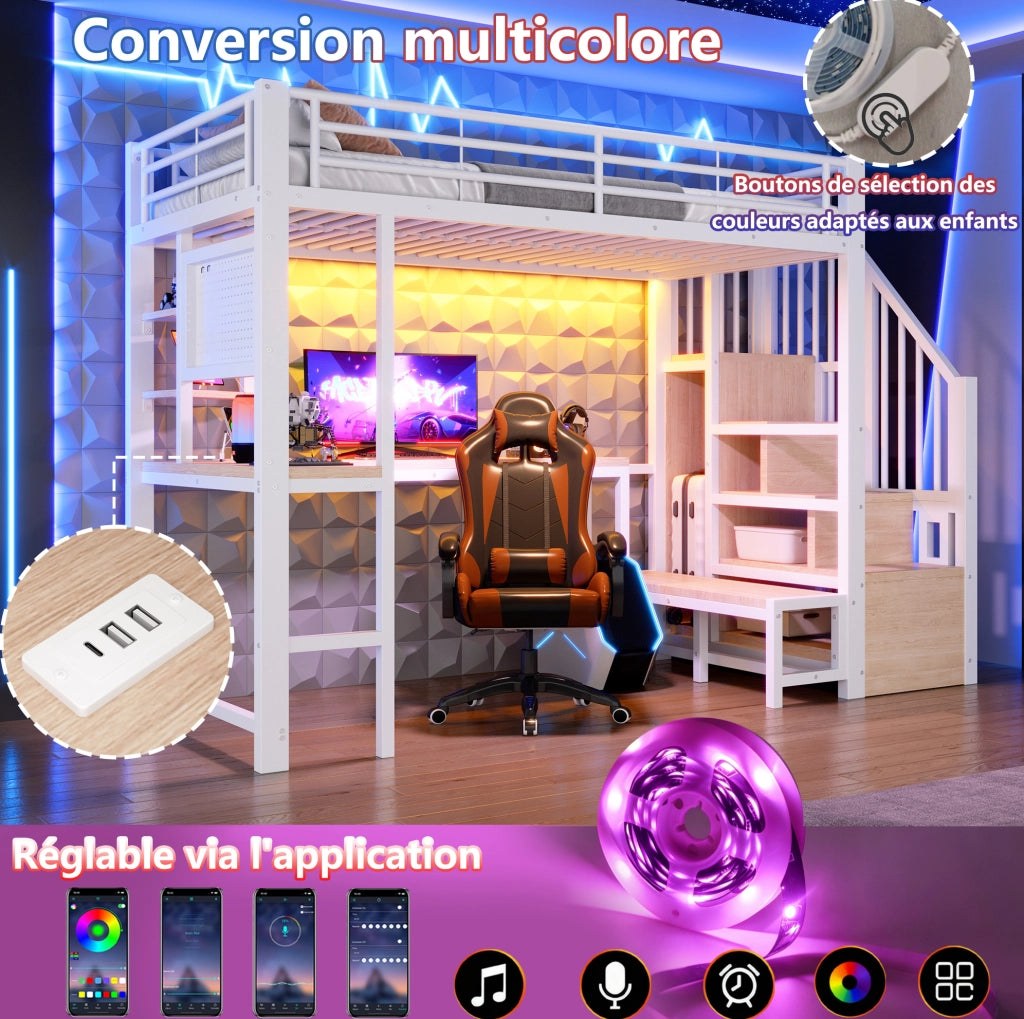 Letto a soppalco 90 x 200 cm con scrivania, LED, USB e USB-C bianco