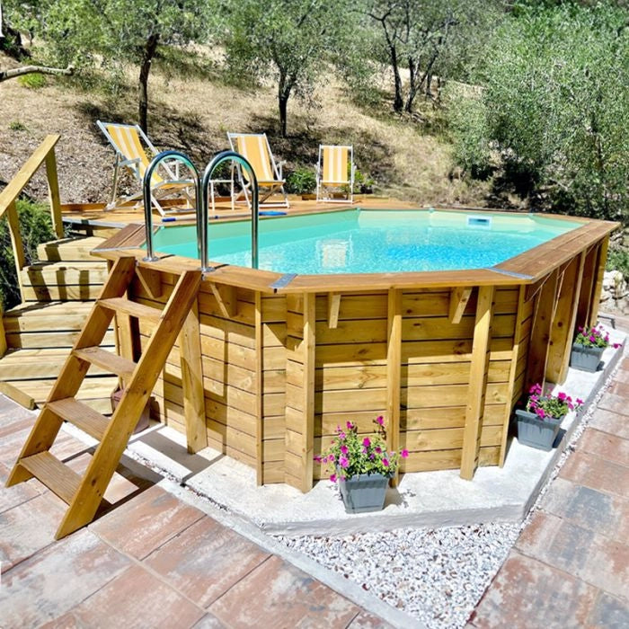 Piscina In Legno Ottagonale Northwood 490 - 4,90 X 3,55 H1,30 M - Liner Blue