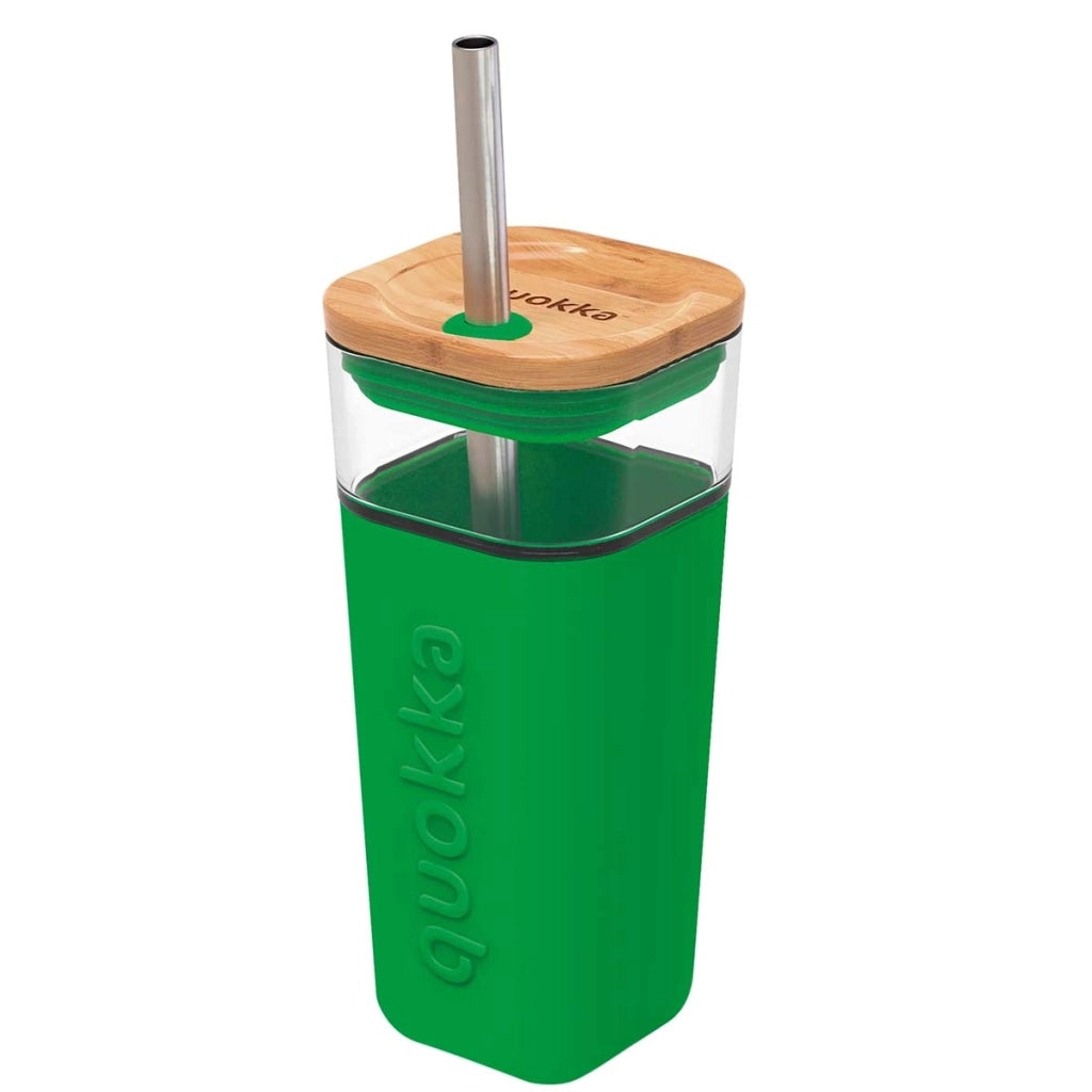 Tazza in Vetro 540 ml con Coperchio in Bambù e Cannuccia Inox Verde Quokka