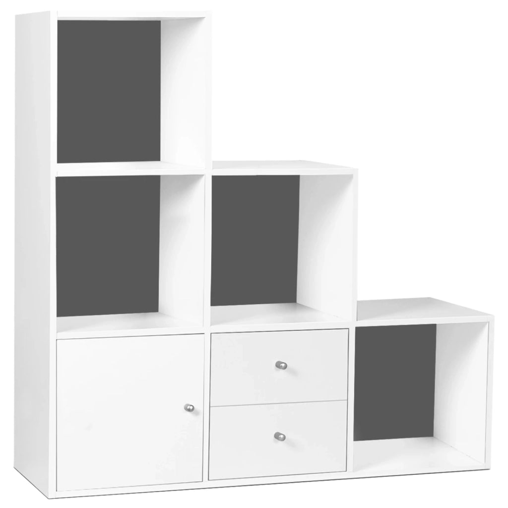 IDMarket - Libreria mobili a forma di scala a 3 livelli in legno bianco con sfondo grigio con anta e cassetti LIAM