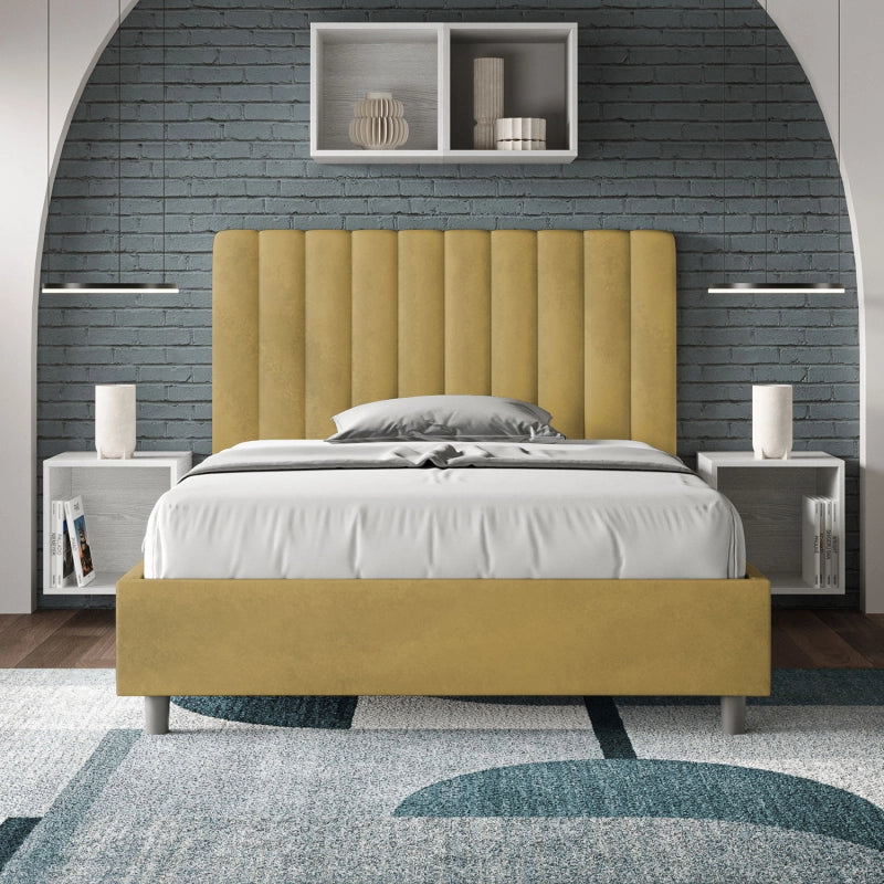Letto imbottito 1 piazza e mezza 120x200 cm Agueda - Con rete,Microfibra,Ocra