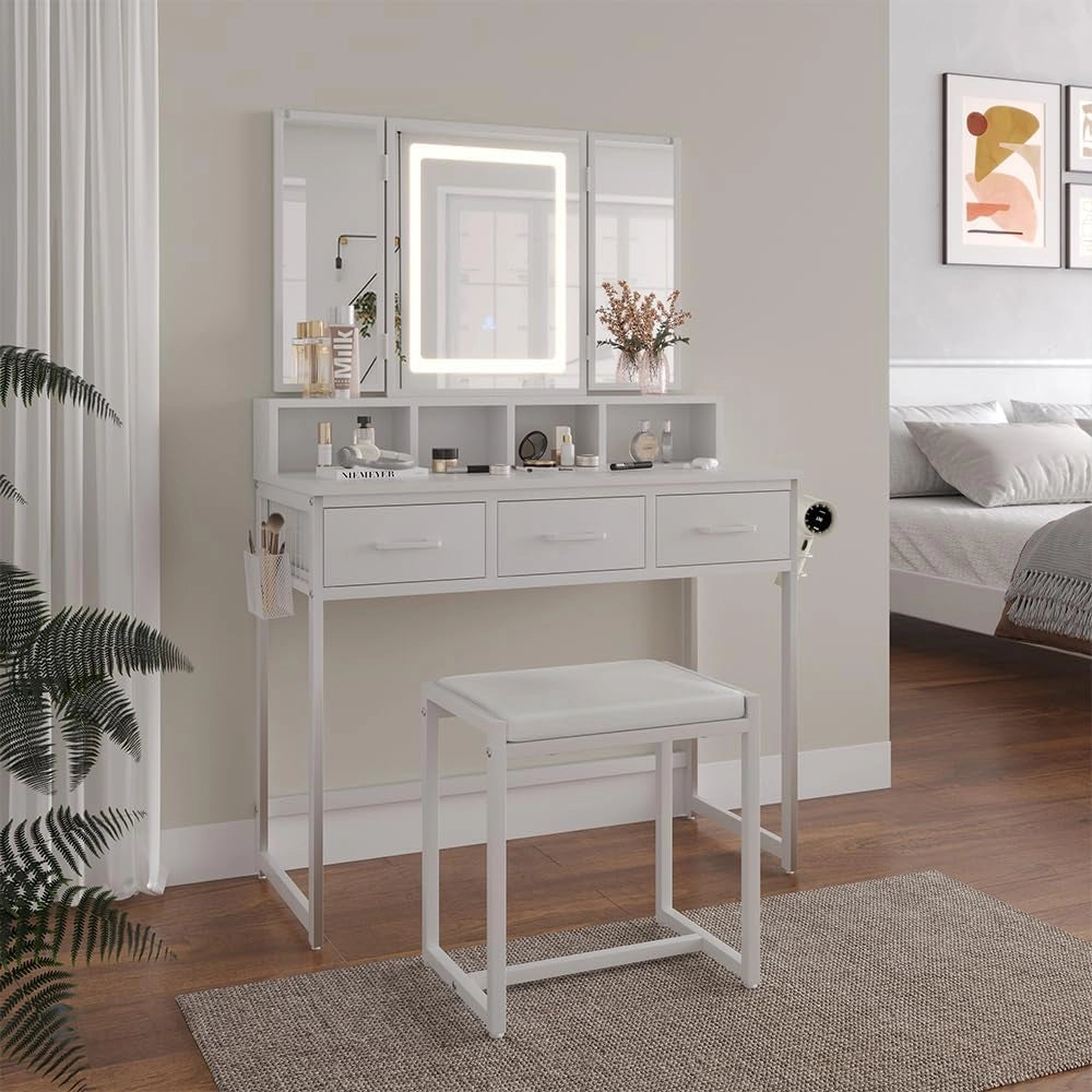 Vicco Tavolo da toilette Mavida, Bianco, 90 cm con specchio LED e sgabello
