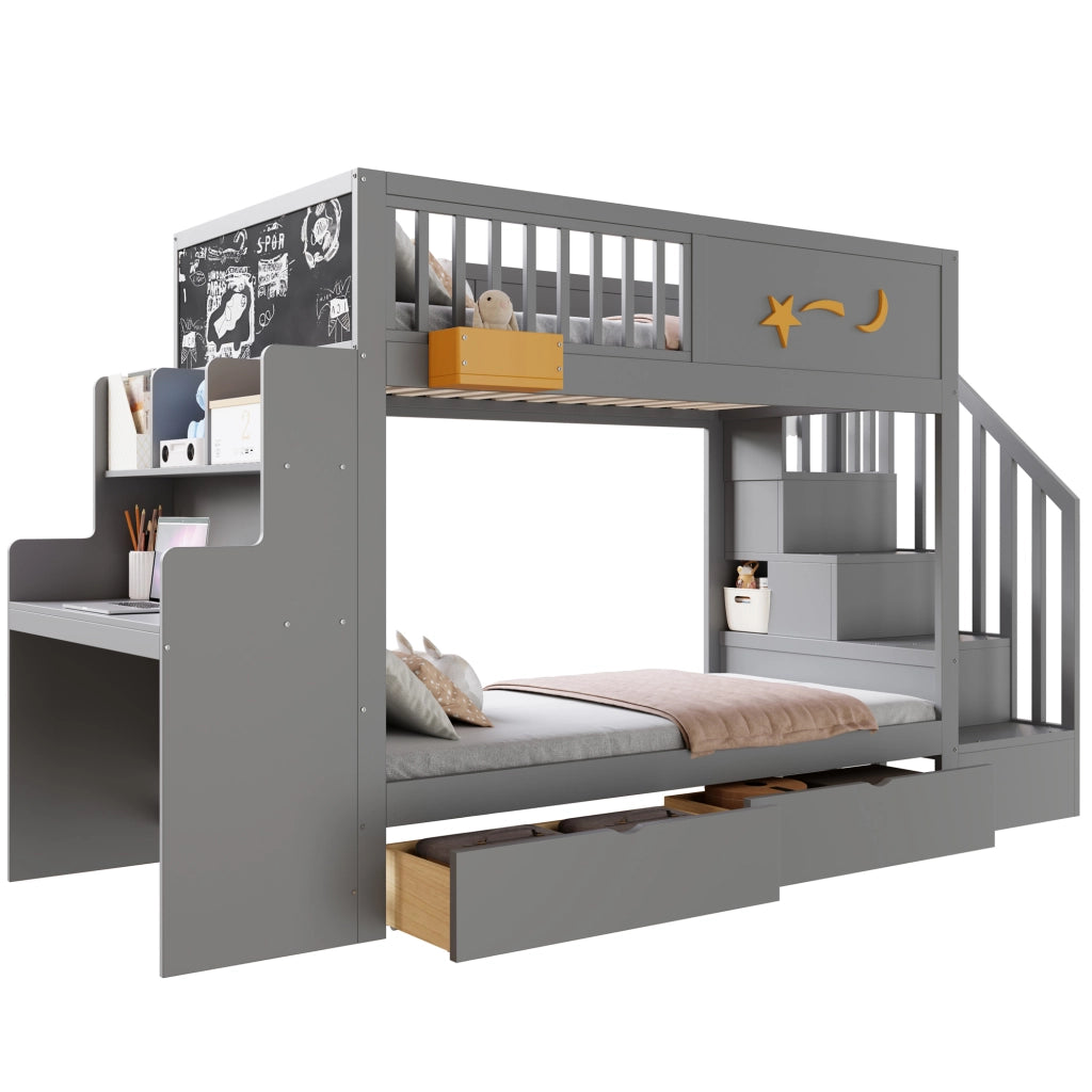 LETTO A CASTELLO 90x200 cm in legno grigio con scrivania e 2 cassetti