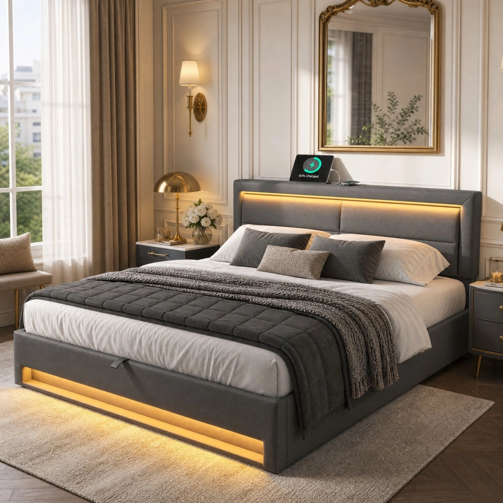 Letto imbottito 140x200 cm con USB, illuminazione LED, contenitore e rete a doghe, grigio