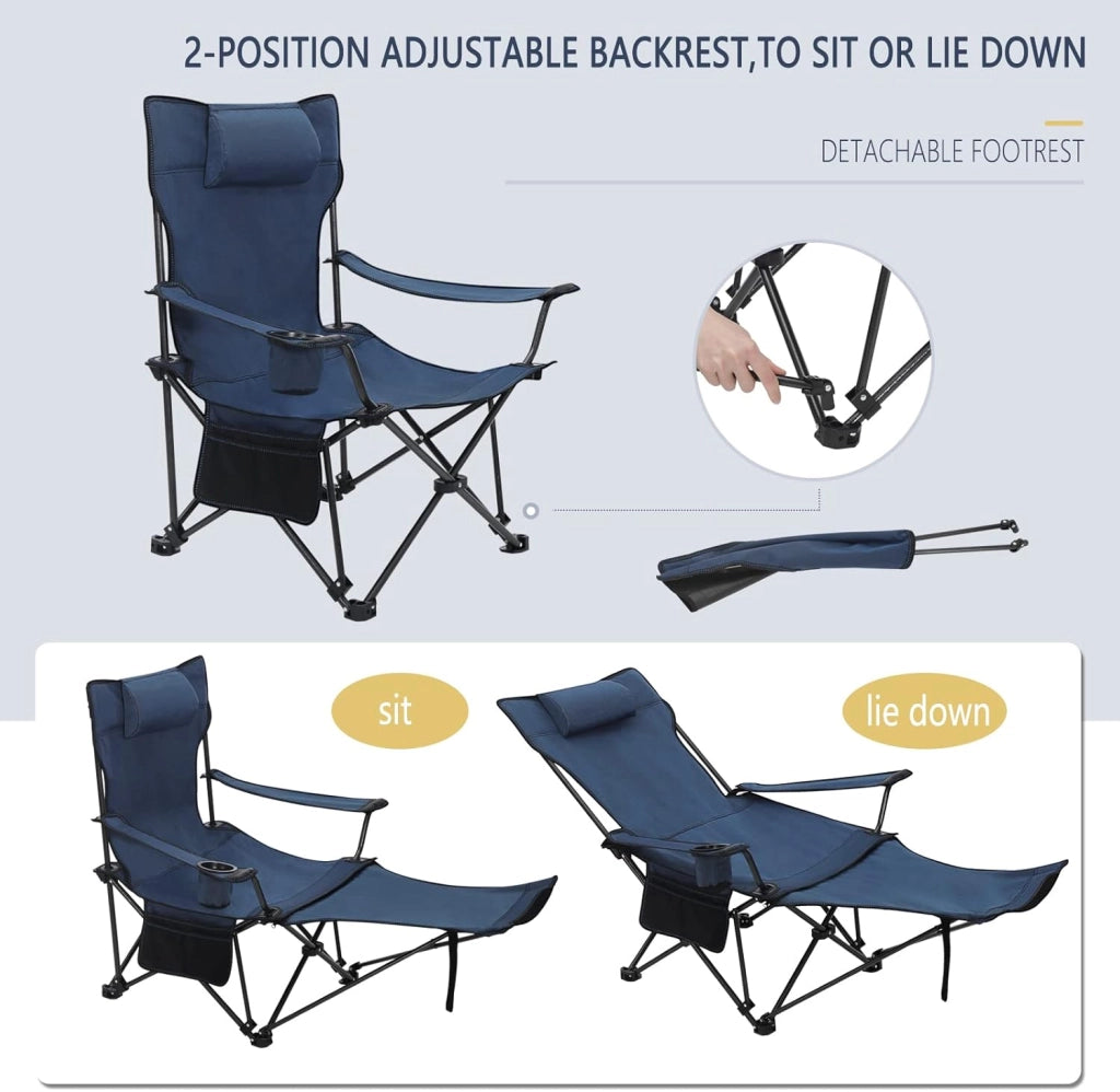 Sedia da Campeggio Portatile Reclinabile, Sedia Pieghevole Esterno con Poggiapiedi, Poggiatesta e Borsa da Trasporto, per Pesca, Giardino, Blu