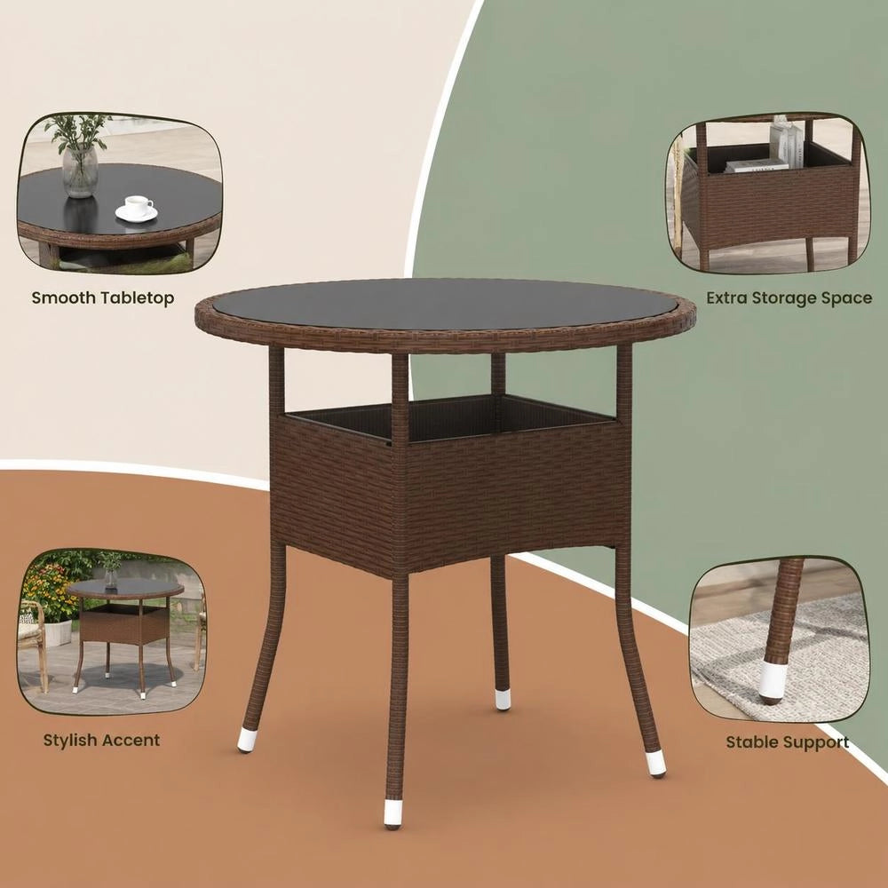 Garden Table 80x75 Cm Tempered Glass And Poly Rattan Brown