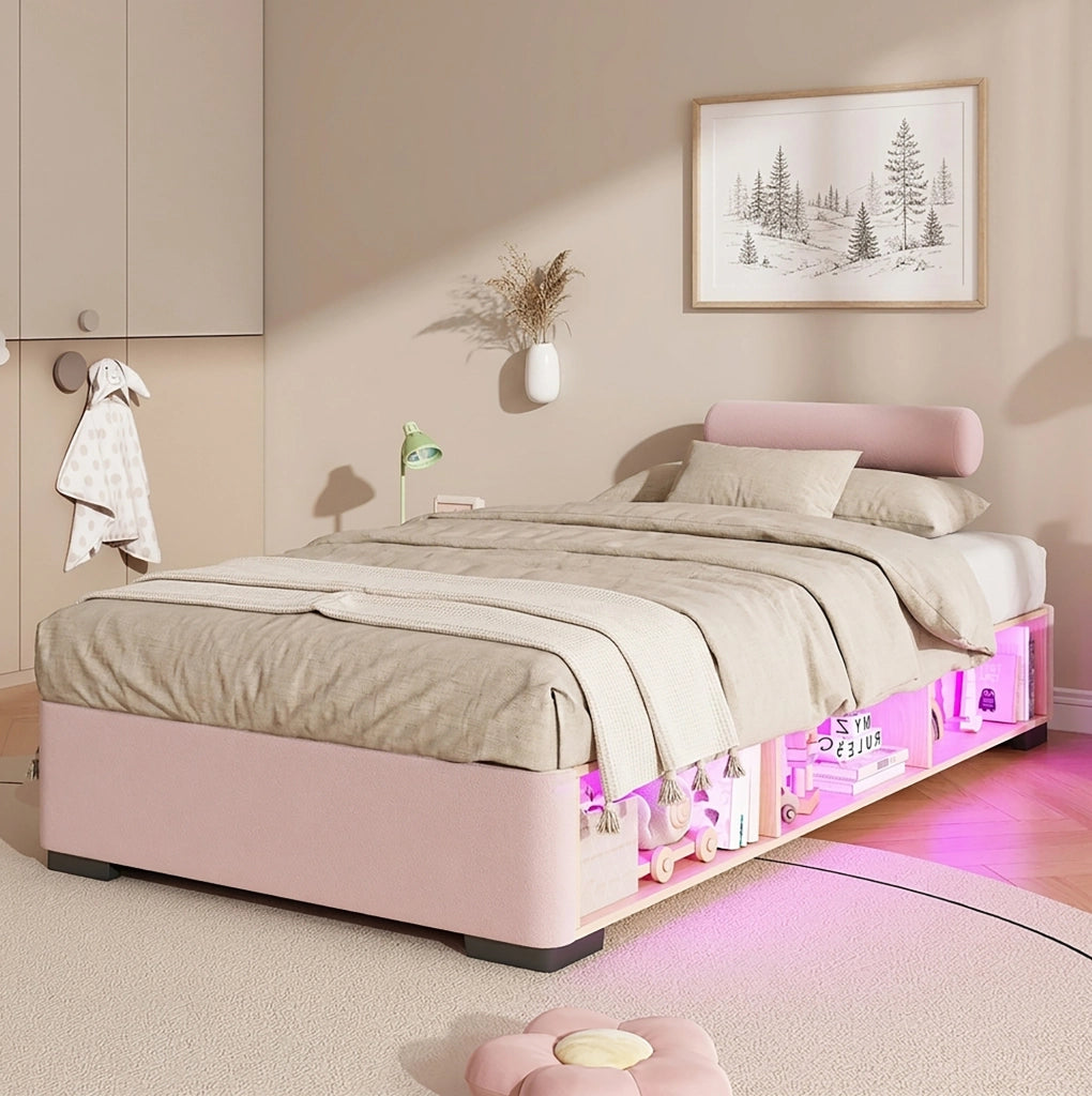 Letto imbottito per bambini rosa 90x200 cm con LED, ripiano laterale e testiere flessibili