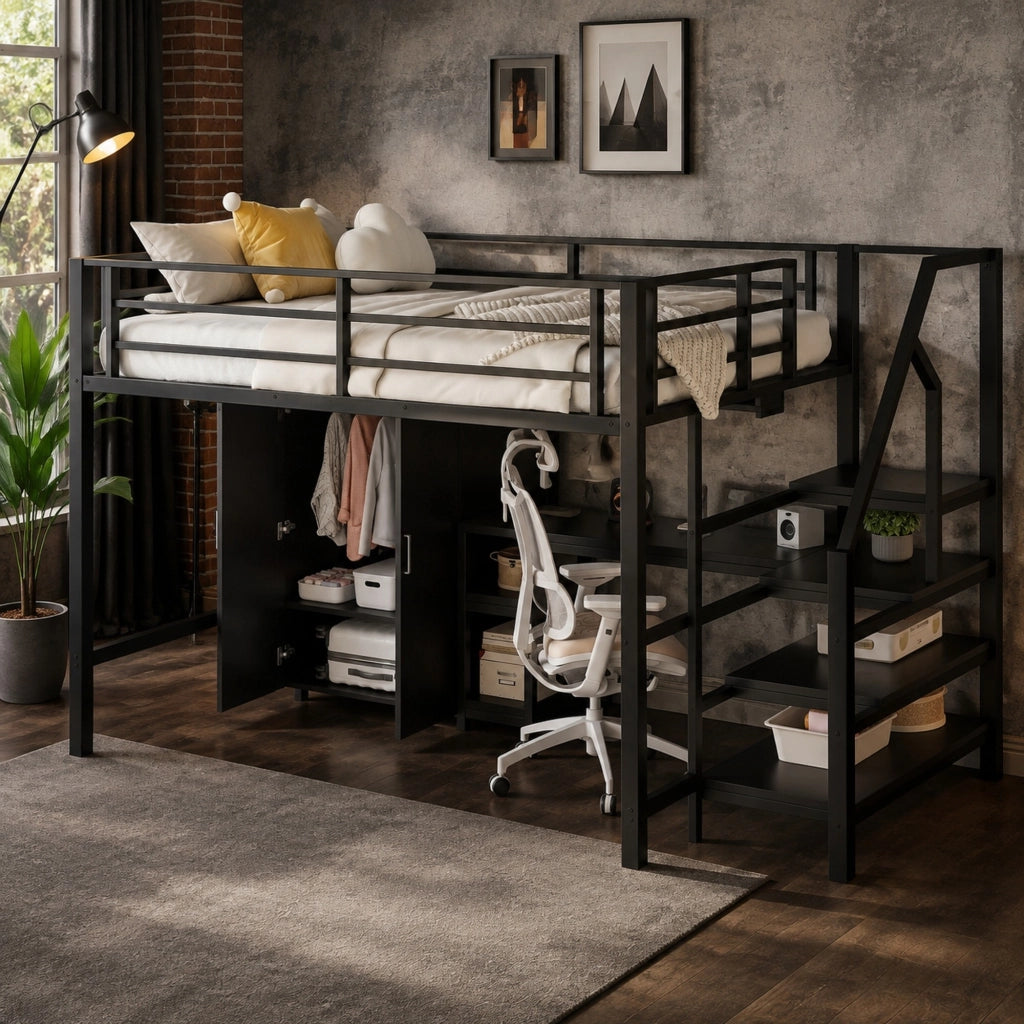 Letto a soppalco ULEVR 140x200 cm con armadio, scrivania, ripiani e scala con vani, nero