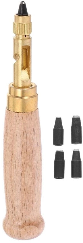 Perforatore in Pelle Automatico - 6 Fili - Manico in Legno - Diverse Dimensioni - Attrezzo Manuale - 13 x 2 x 2 cm