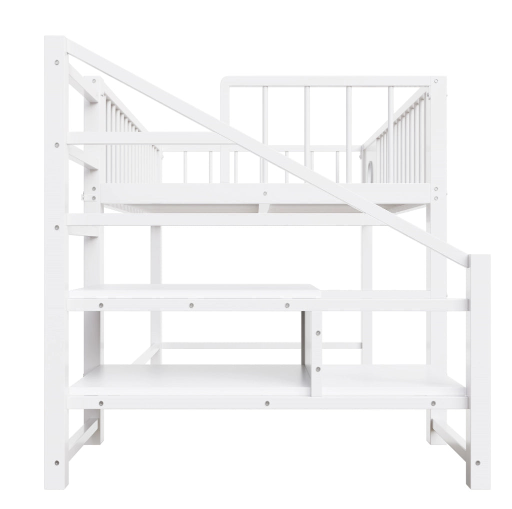 Letto a castello basso per bambini e ragazzi 90x200 cm in metallo bianco con scala contenitore