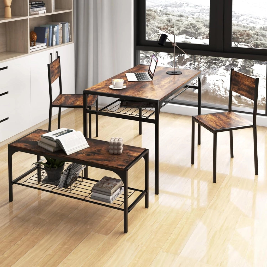 Set di tavolo da pranzo per 4, tavolo rettangolare con 2 sedie, 1 panchina, mensole, telaio in metallo resistente, set da pranzo da 4 pezzi, sala da pranzo, cucina (marrone rustico)