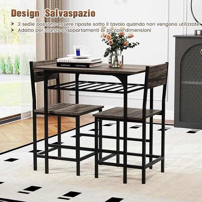 Set da Pranzo per 2 Persone, Set da 3 Pezzi di Tavolo Rettangolare in Legno e Sedie con Struttura in Metallo e Ripiano di Stoccaggio, per Angolo Colazione e Sala da Pranzo (Grigio)
